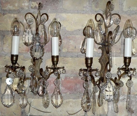 Pair Of Early 20 C Gilt Bronze Wall Lights Hung With Cut Glass Drops 