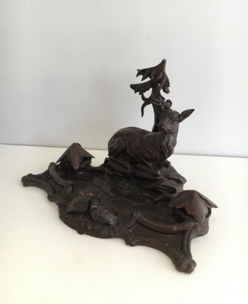 Black Forest Carved Wood Inkwell. Deer And Birds In The Forest. 19th Century photo Art