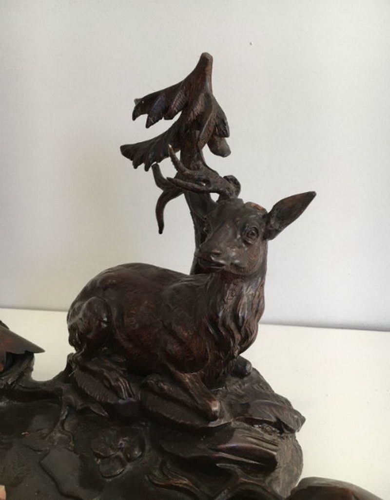 Black Forest Carved Wood Inkwell. Deer And Birds In The Forest. 19th Century photo vinterior