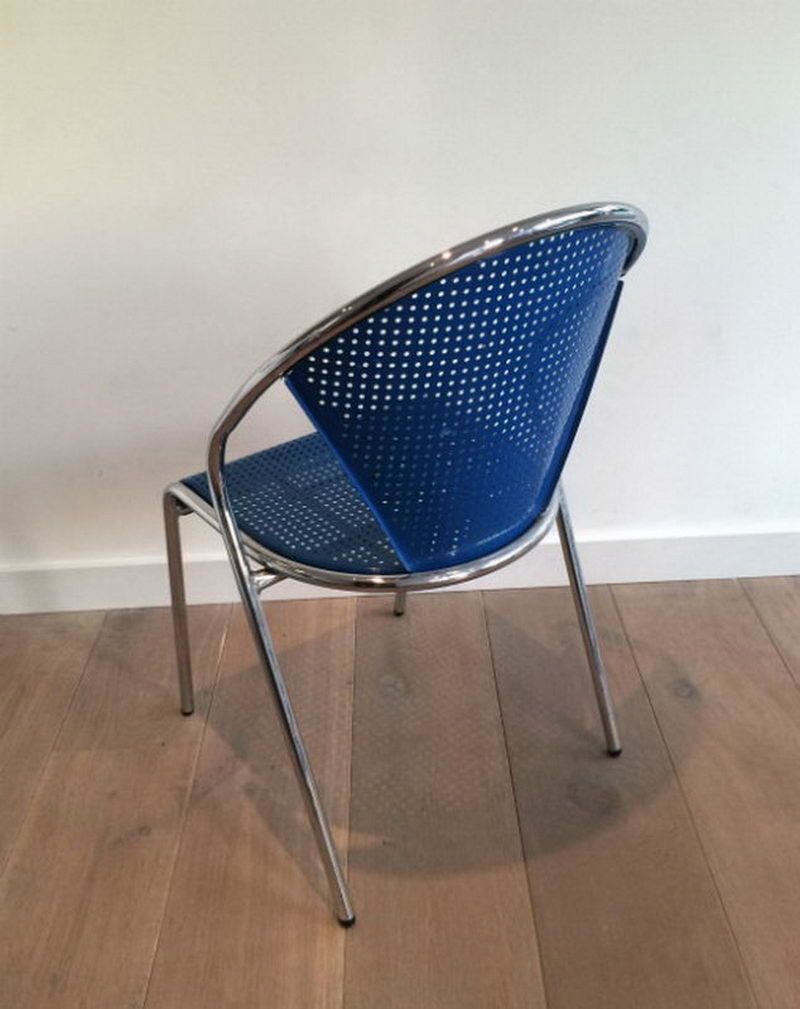 Set Of 4 Chrome And Blue Lacquered Perfored Metal Chairs. . Circa 1980 photo 780.0