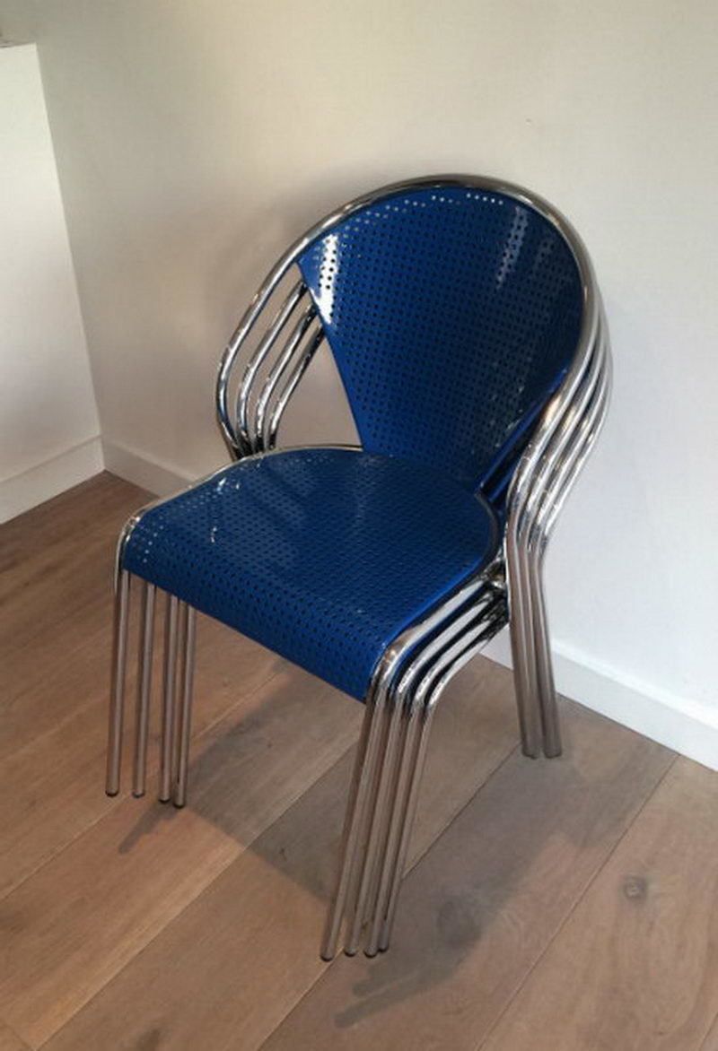 Set Of 4 Chrome And Blue Lacquered Perfored Metal Chairs. . Circa 1980 photo buy
