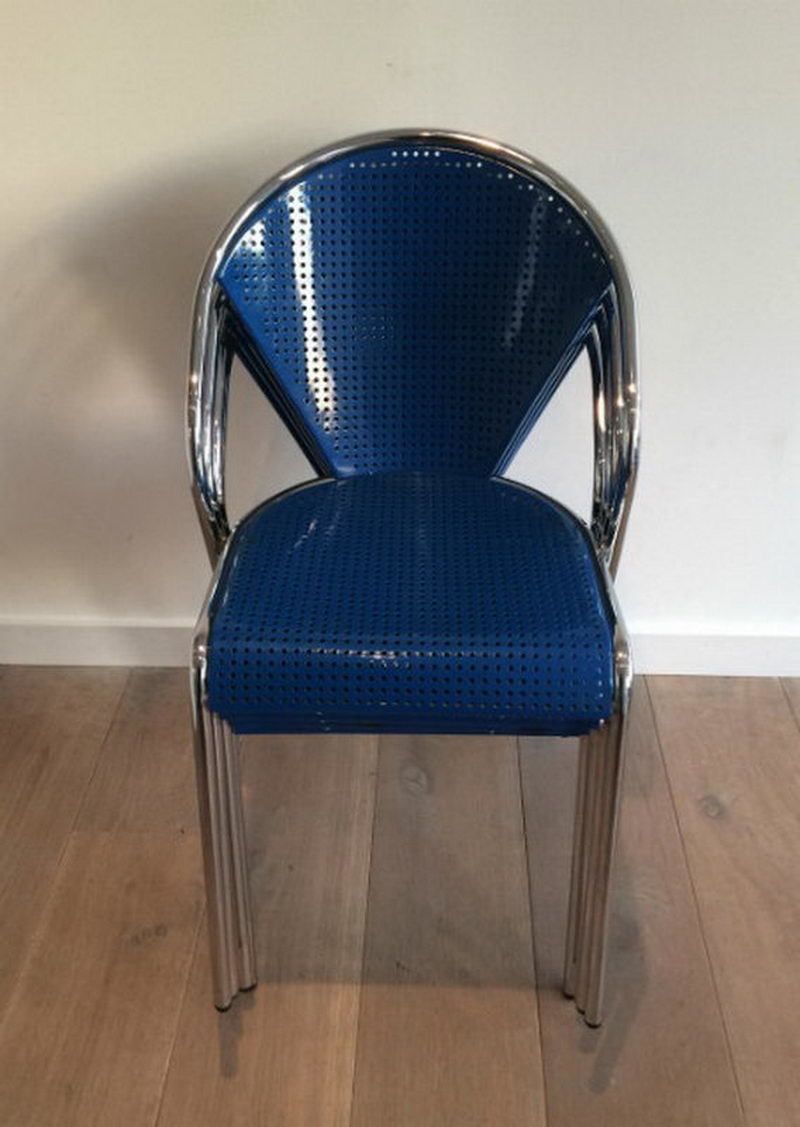 Set Of 4 Chrome And Blue Lacquered Perfored Metal Chairs. . Circa 1980 photo vintage