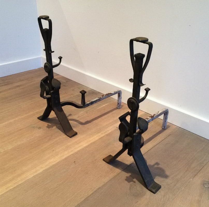 Pair Of Art And Craft Iron Andirons. Circa 1900