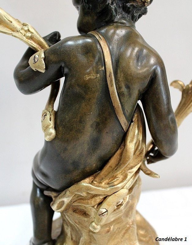 photo buy Pair Of Bronze Candelabras, "Un Amour Et Un Faune", After Clodion And Delarue , End Of The 19th Century