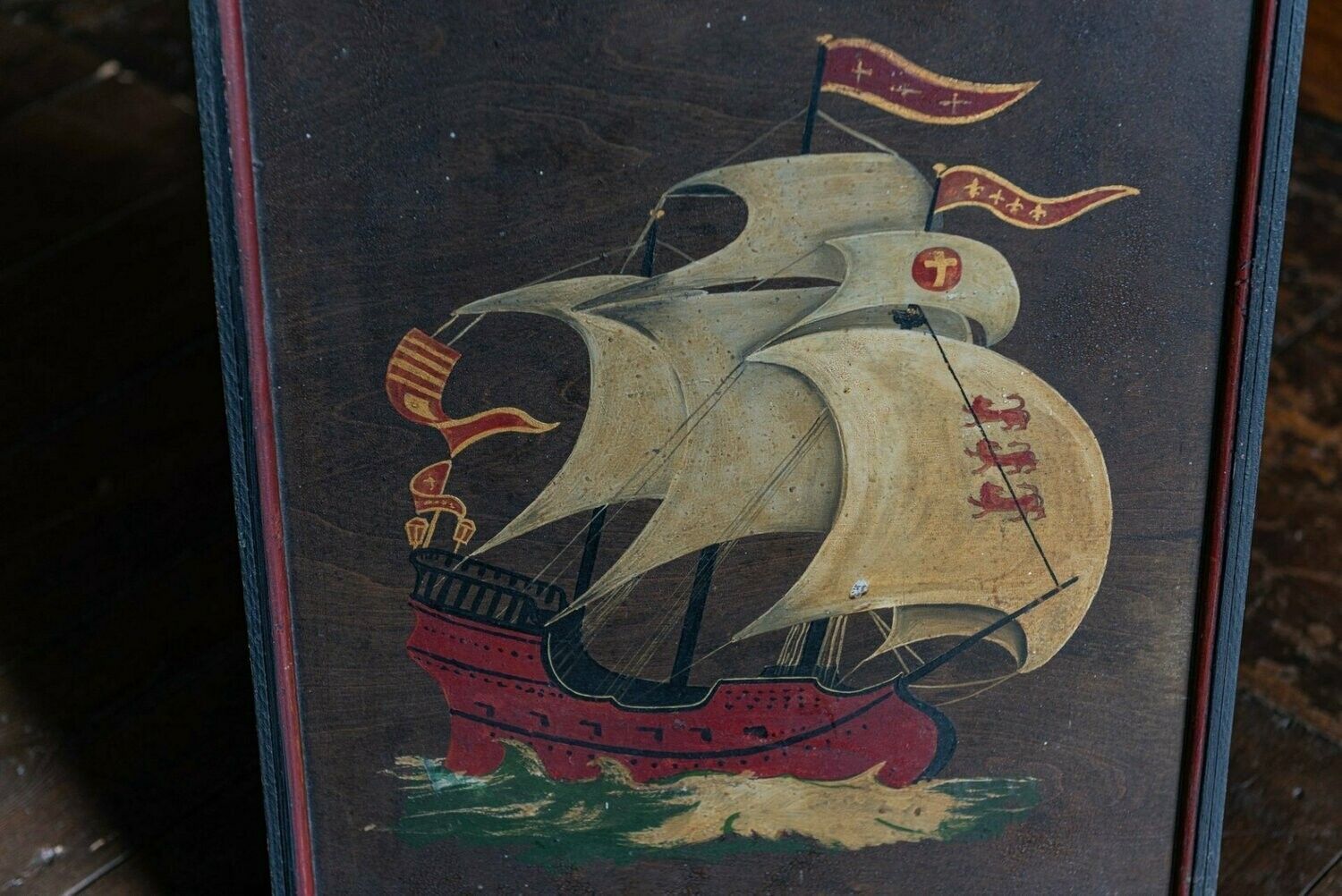 Naive Oil On Board English Galleon Ship Painting photo vintage