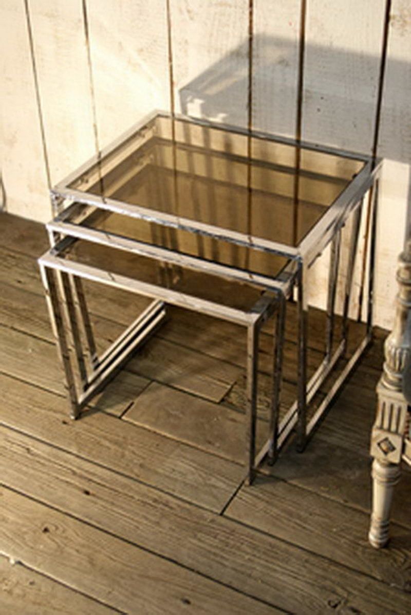 Set Of Chrome Nesting Tables With Smoked Glass. French. Circa 1970
