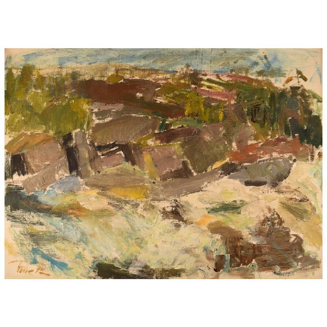 Rune P. Swedish Artist, Oil On Canvas, Modernist Landscape, Mid 20th Century
