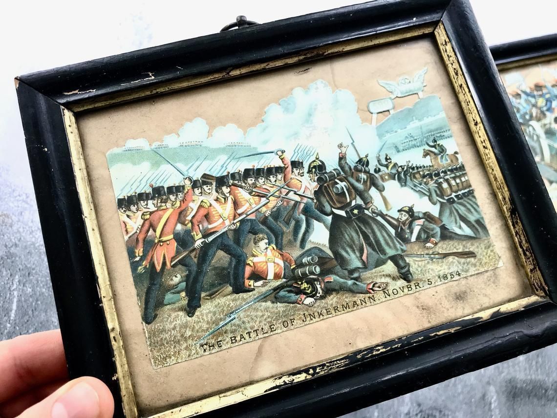 Pair Of Antique Victorian Balaclava Inkermann 1854 War Embossed Die Cut Davidson Brothers Chromolithographs photo vintage