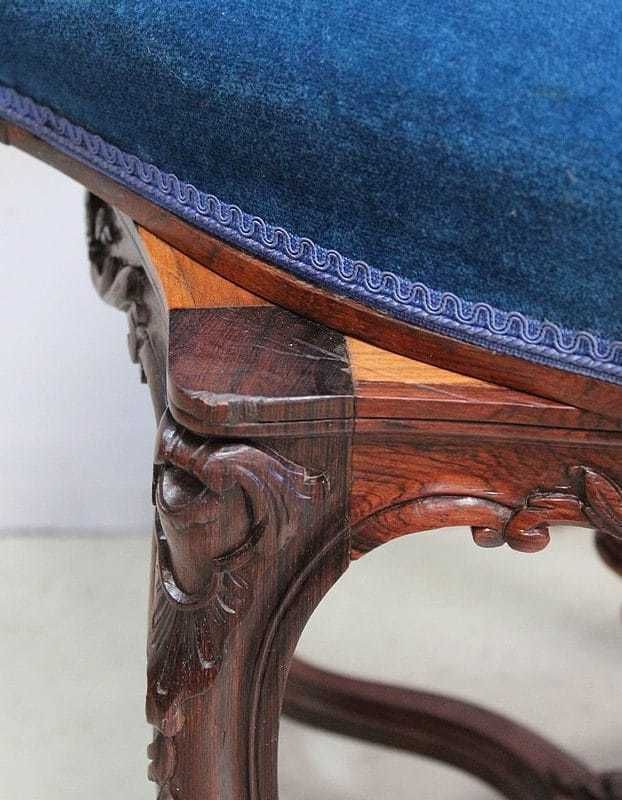 Stool In Blue Velvet And Rosewood, Modular Height, Louis XV Style, Napoleon III Period  19th Century photo vinterior
