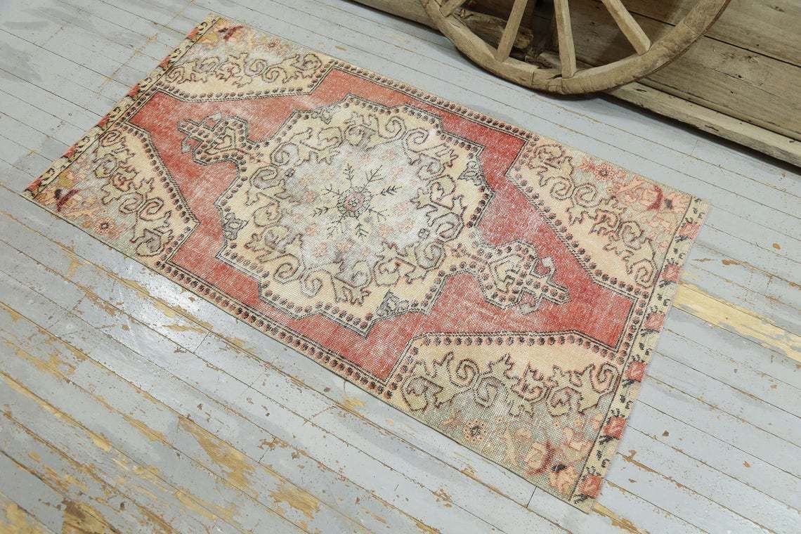110x209 Cm Handmade Turkish Rug, Kitchen Rug, Home Decor, Luxury Area Rug, Oushak Rug, Faded Red Beige Rug, Handwoven Bohemian Wool Rug 3.6x6.9 Ft photo furniture