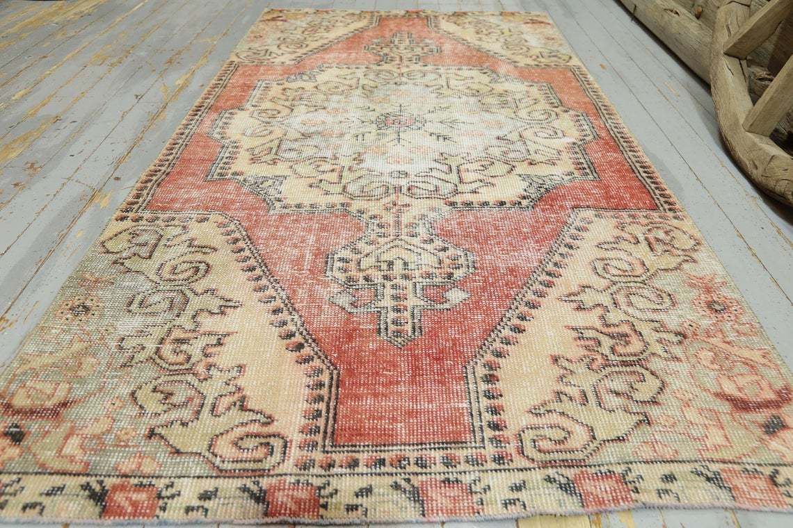 110x209 Cm Handmade Turkish Rug, Kitchen Rug, Home Decor, Luxury Area Rug, Oushak Rug, Faded Red Beige Rug, Handwoven Bohemian Wool Rug 3.6x6.9 Ft photo for sale