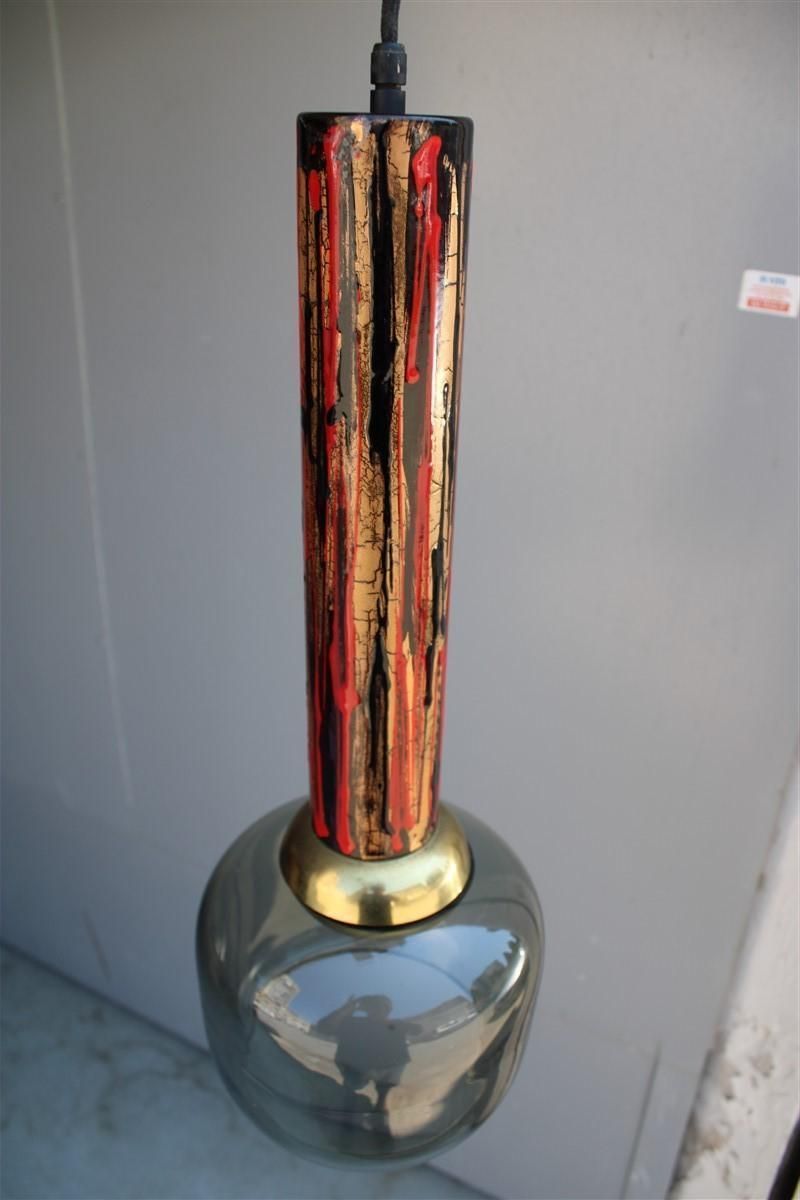 photo for sale Midcentury Italian Chandelier Enamel Glass Laurana Art 1950s Gold Black Red