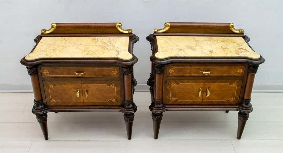 Pair Of Mid Century Italian Walnut And Cream Valencia Marble Nightstands, 1940s