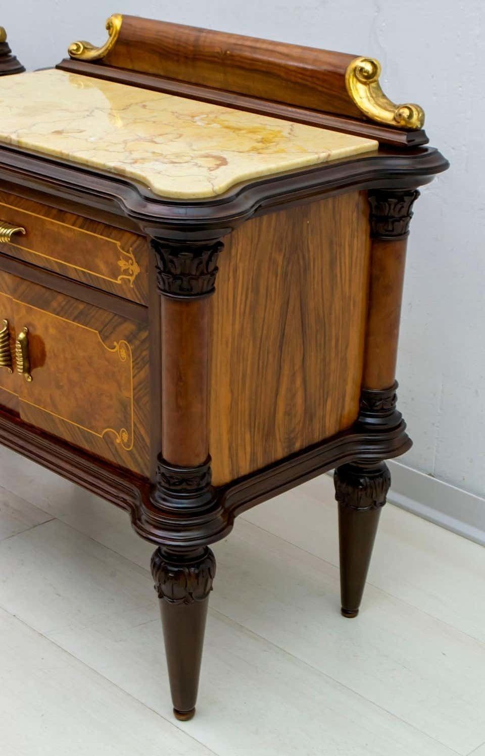 Pair Of Mid Century Italian Walnut And Cream Valencia Marble Nightstands, 1940s photo vinterior