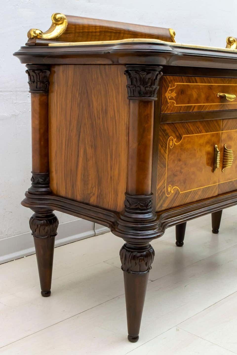 Pair Of Mid Century Italian Walnut And Cream Valencia Marble Nightstands, 1940s photo buy