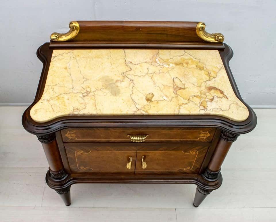 3505.0 Pair Of Mid Century Italian Walnut And Cream Valencia Marble Nightstands, 1940s photo
