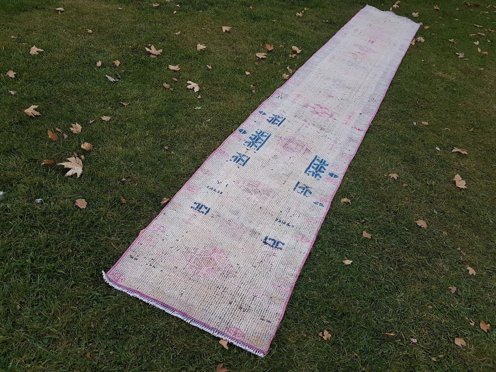 photo for sale Hand Knotted Muted Pink Color Turkish Oushak Runner Rug With Modern Tribal Style, Boho Chic Long Hallway Stair Carpet 2'4" X 15'1"