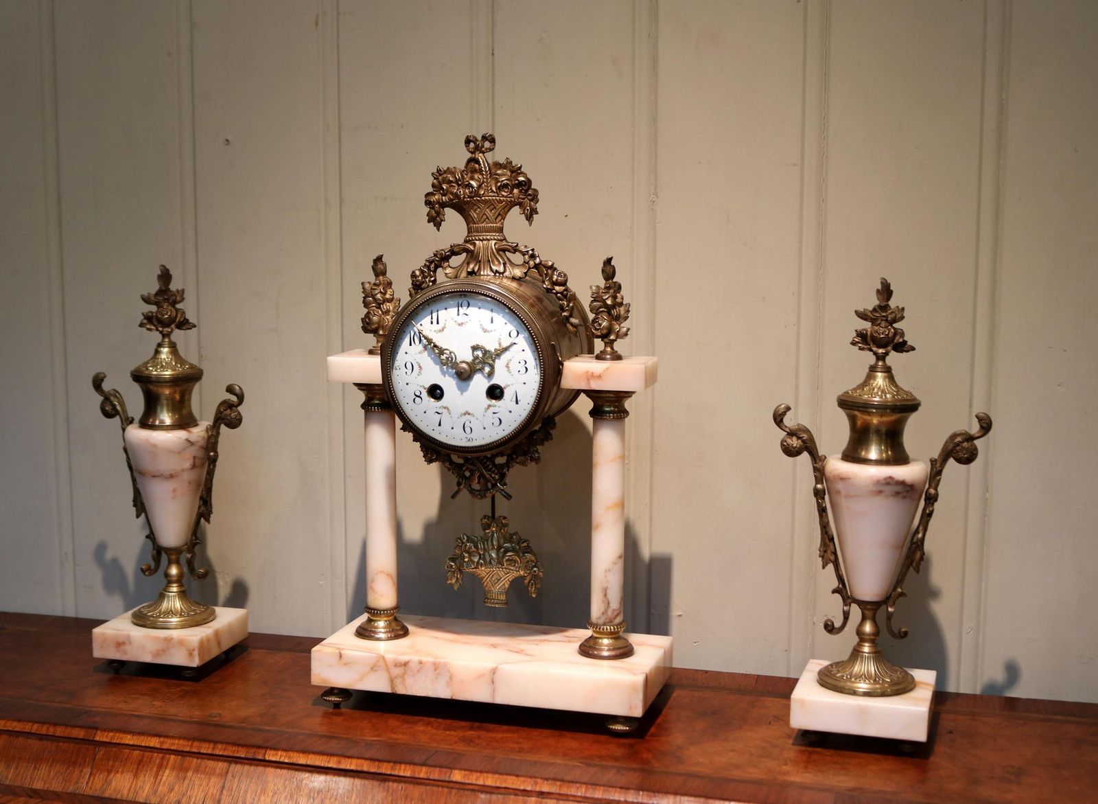 French Marble And Brass Clock Garniture photo for sale