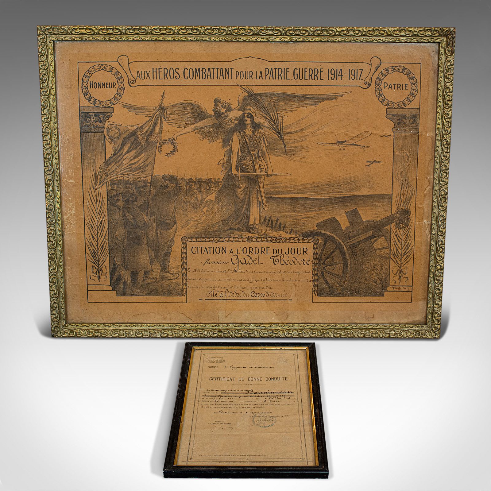 Antique Pair Of Framed Certificates, French, Award Of Honour, Ww1, Circa 1920 photo furniture