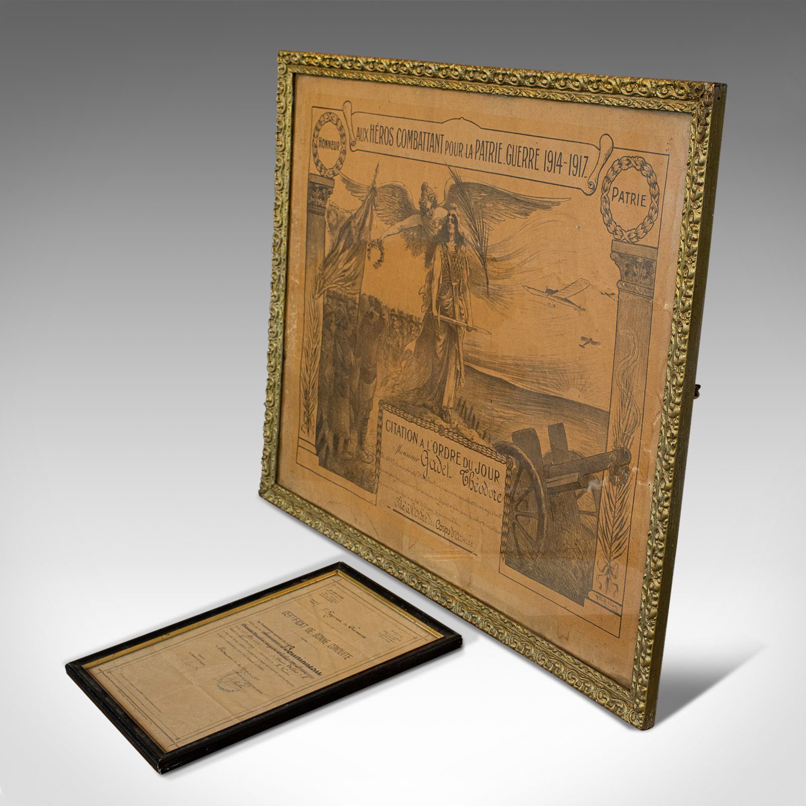 Antique Pair Of Framed Certificates, French, Award Of Honour, Ww1, Circa 1920 photo for sale
