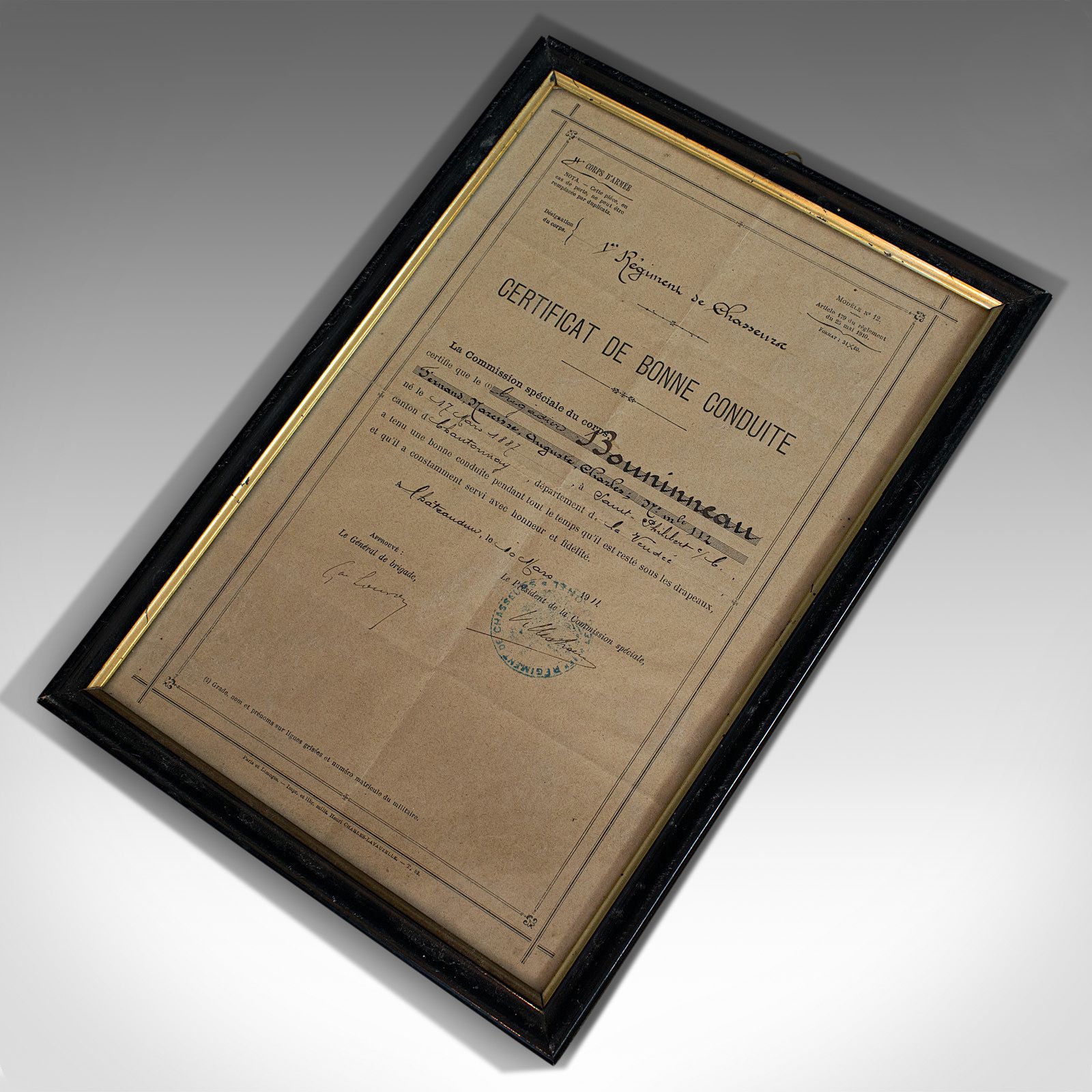Antique Pair Of Framed Certificates, French, Award Of Honour, Ww1, Circa 1920 photo vintage