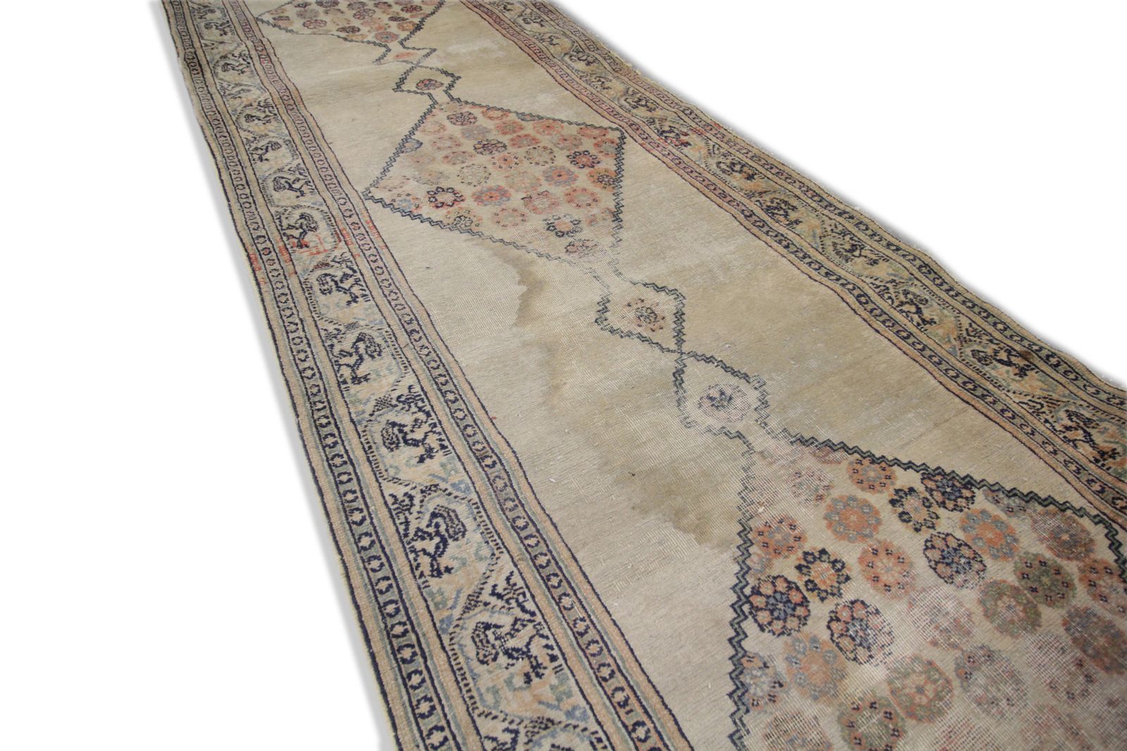 Antique Rug Caucasian Carpet Runner, Cream Wool Runner 103x386cm photo for sale