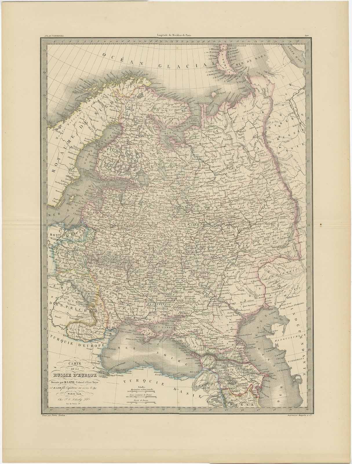 Antique Map Of Russia In Europe By Lapie (1842)