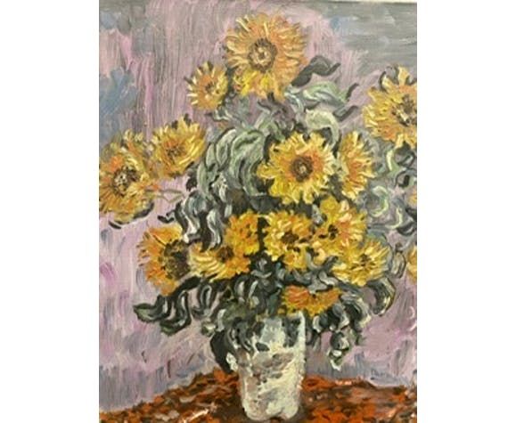 Still Life Painting With Sunflowers Oil On Canvas 60s / 70s photo furniture