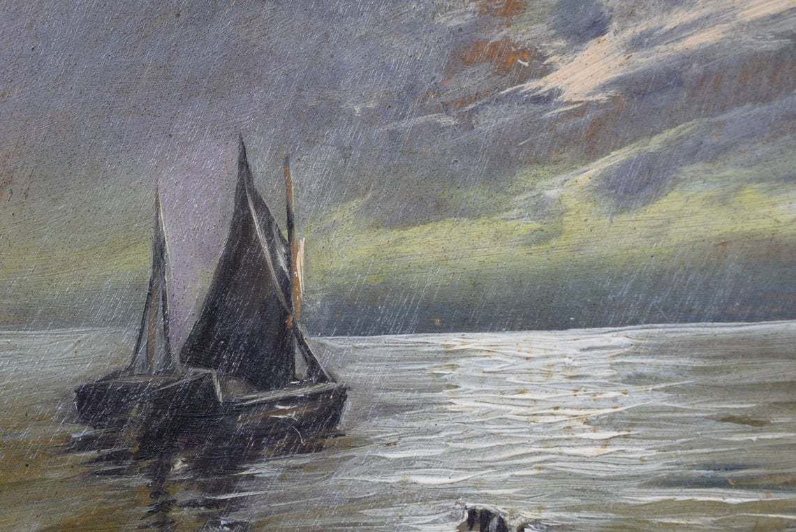French Antique Oil Painting Seascape Sailboat Boat On Wood Artist Palette Signed photo for sale