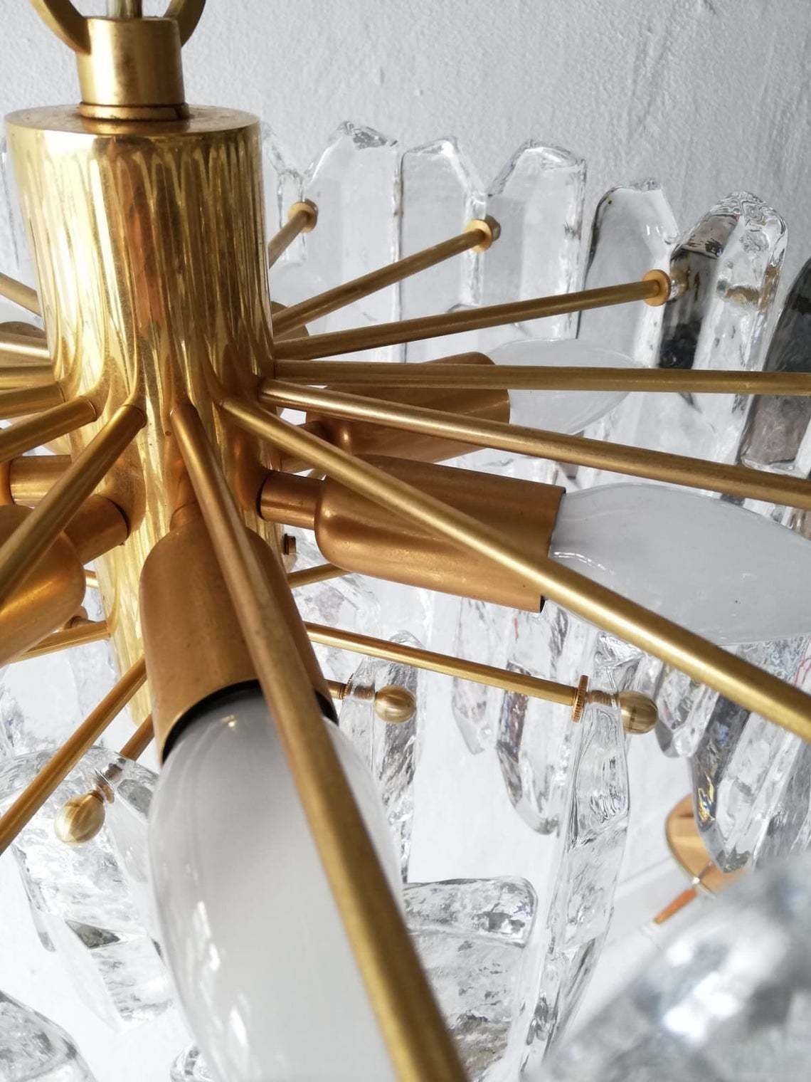 J. T. Kalmar   Franken Kg Ice Glass & Brass Chandelier   1970s Austria photo vinterior