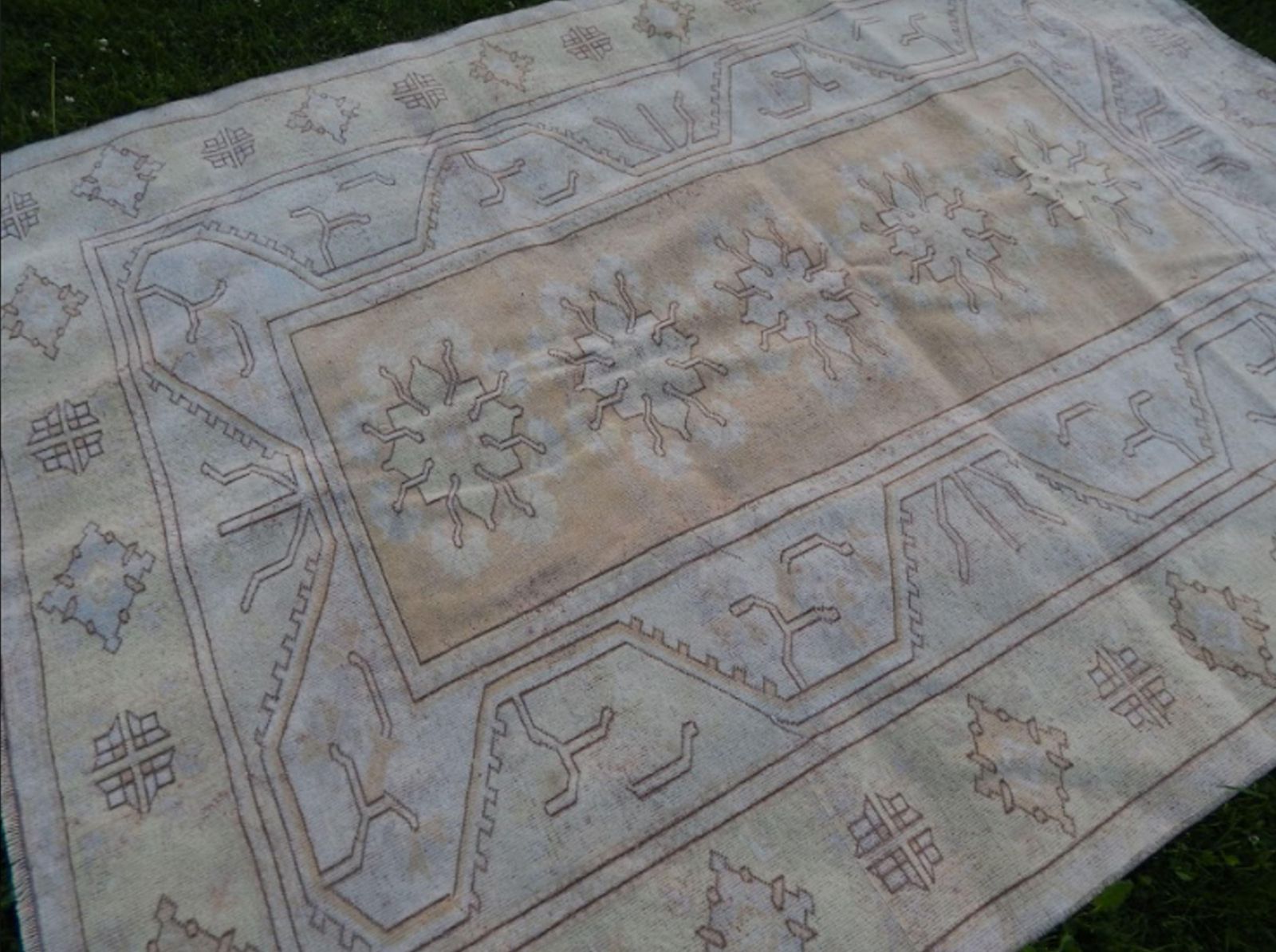 Vintage Hand Knotted Turkish Oushak Rug | Area Rug With Yellow Rich Border photo vintage