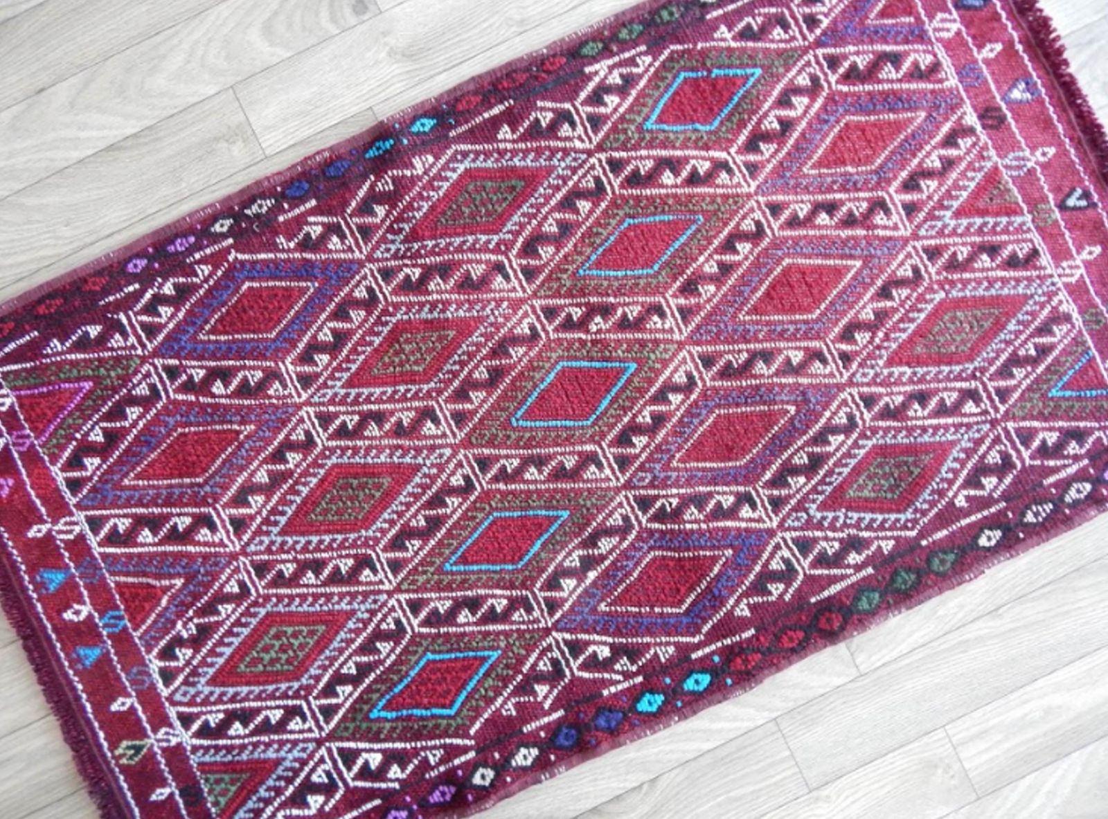 Turkish Boho Handmade Small Runner Rug 1′8″ × 2′11″ photo Textiles