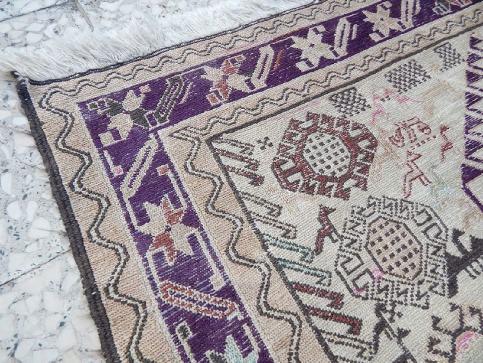 photo for sale Vintage Animal Soumak, Mid Century Nomadic Gallery Rug 3′11″ × 6′2″