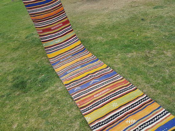 1970s Vintage Turkish Kilim Striped Runner Rug 2′5″ × 21′4″ photo buy
