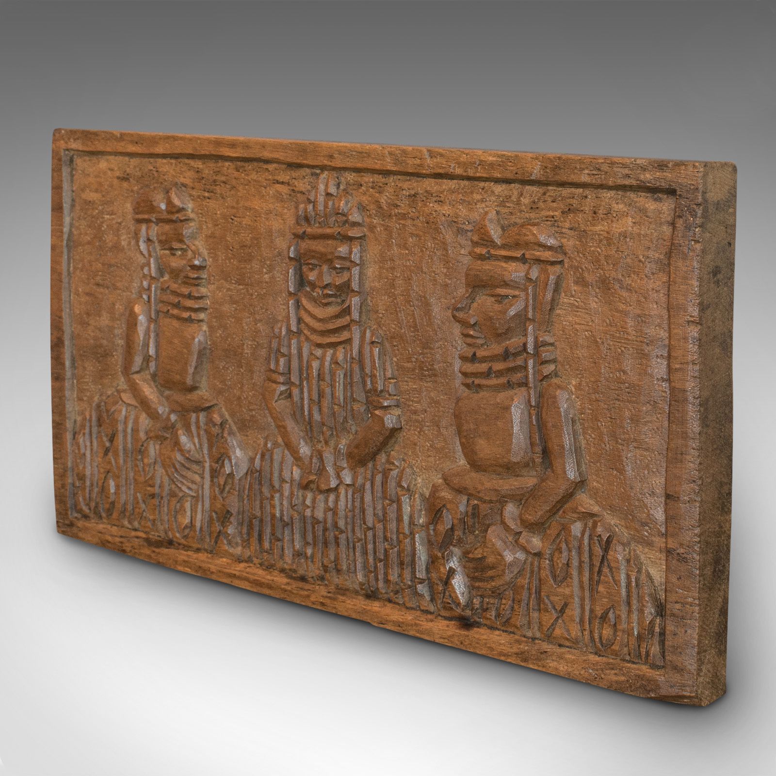 Vintage Hand Carved Wooden Plaque, Asian, Hardwood, Decorative, Tribal Scene photo for sale