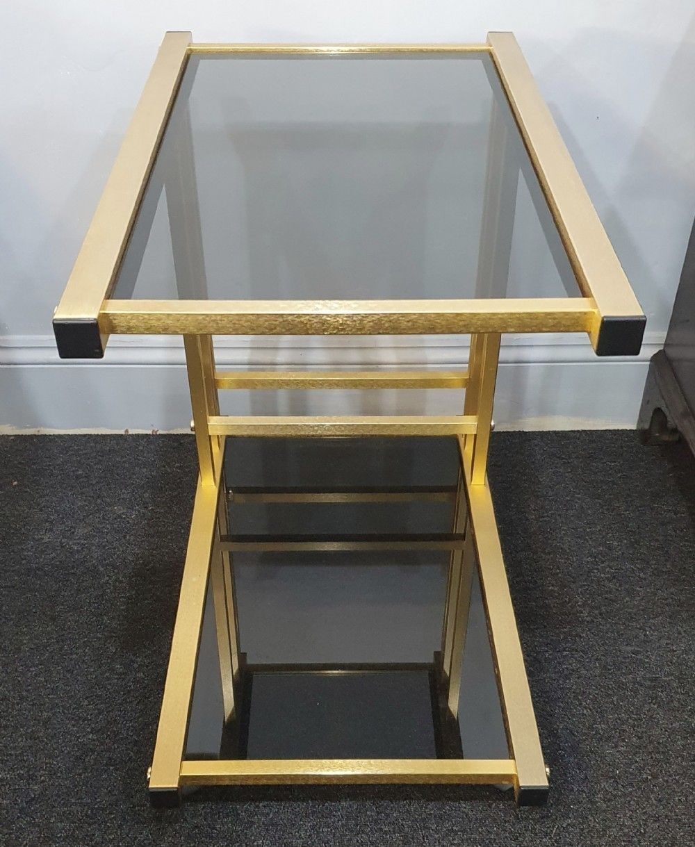1970s Retro Vintage Drinks / Cocktail Trolley 2 Tier Smoked Black Glass & Brushed Gold Metal photo buy