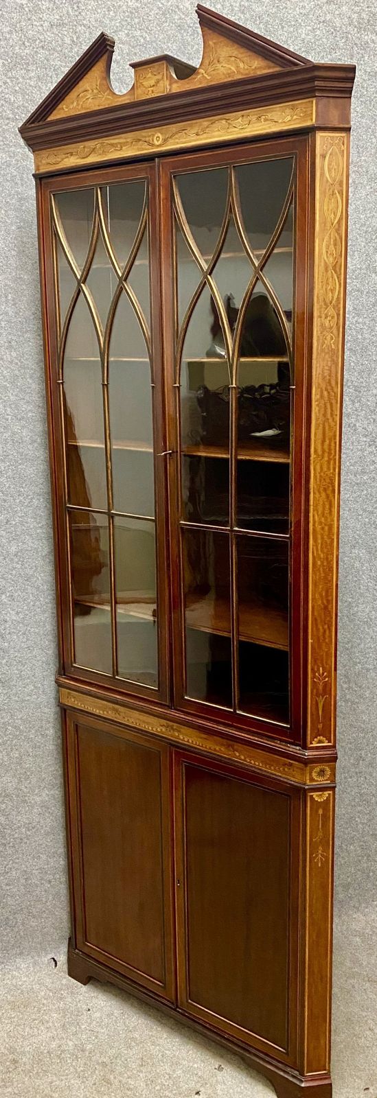 Sheraton Revival Mahogany & Satinwood Inlaid Corner Cabinet photo Furniture