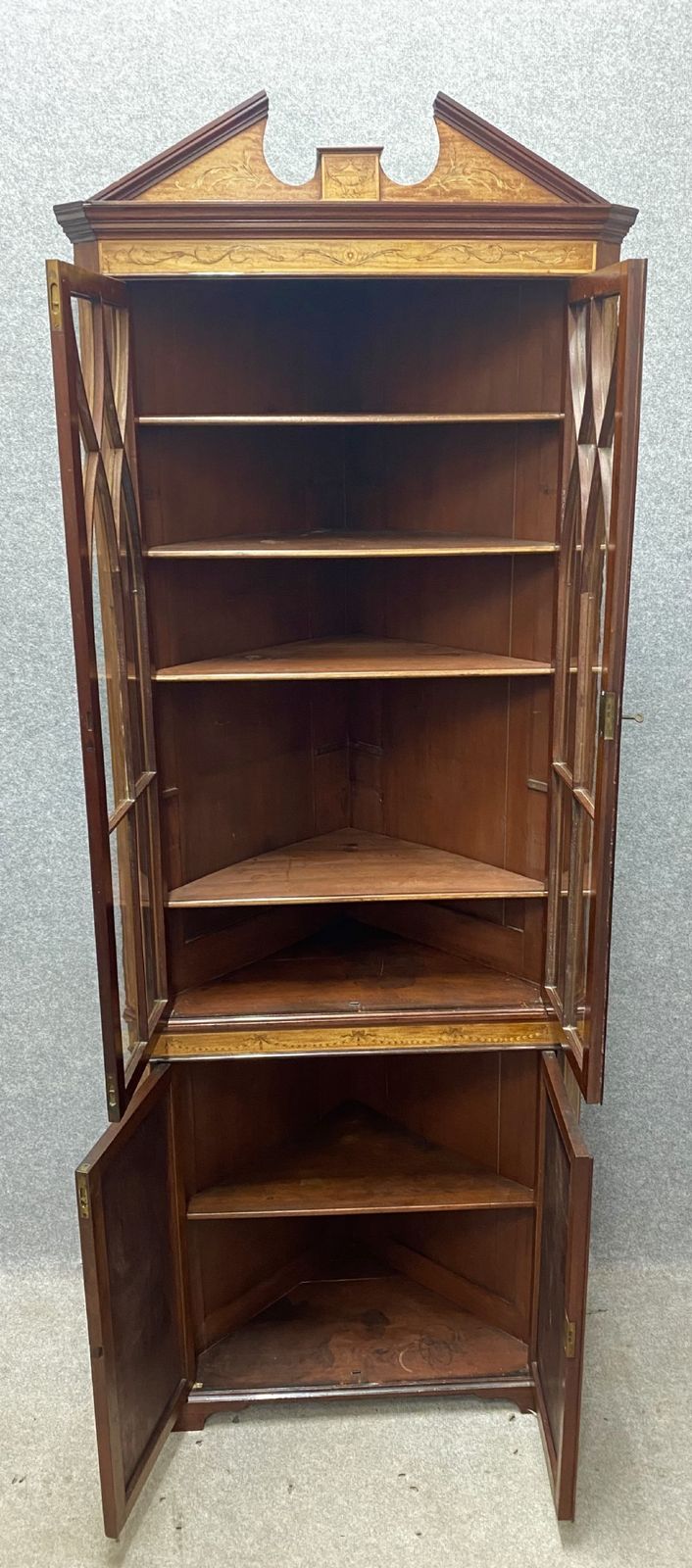 photo buy Sheraton Revival Mahogany & Satinwood Inlaid Corner Cabinet
