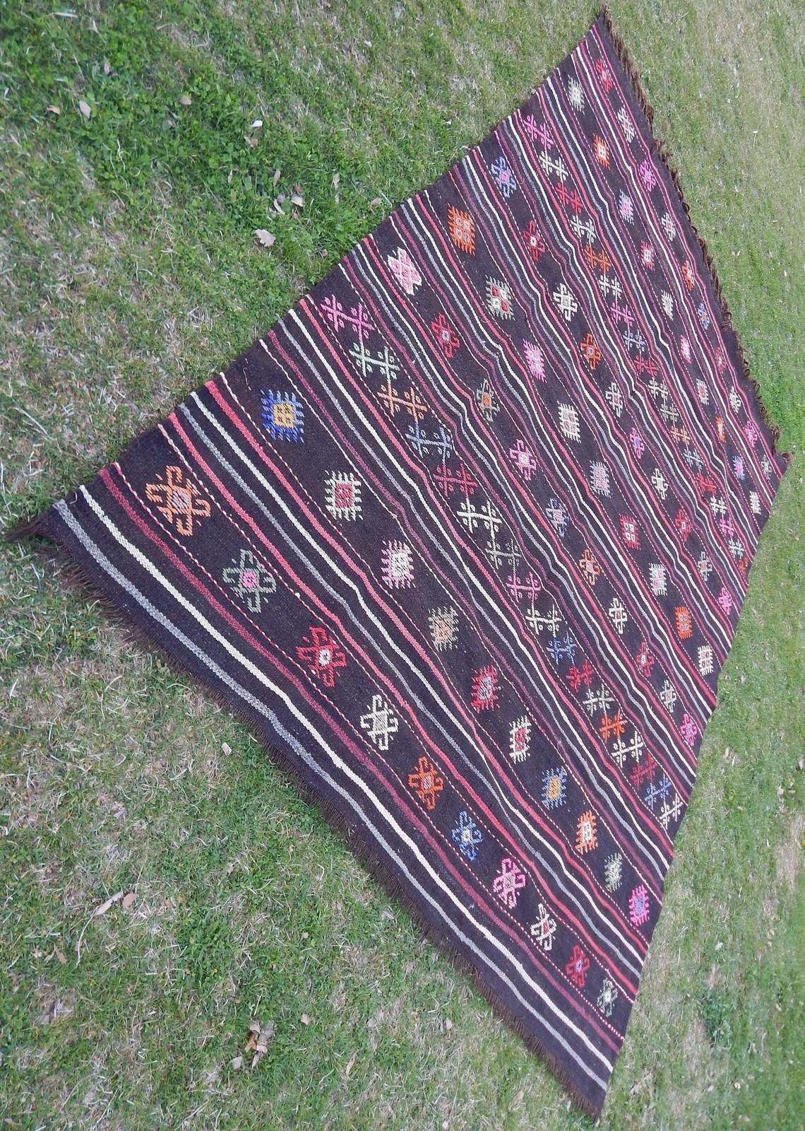 1980s Unique Kurdish Tapis Kilim Tapestry, Vintage Geometric Pattern Tribal Flatweave Kelim, Moroccan Style Rug, 6'11'' X 9'4'' / 211 X 285 Cm