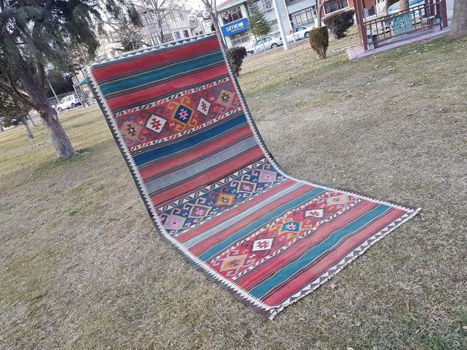 Vintage Midcentury Wide Caucasian Kilim Runner With Tribal Style, Flat Weave Foyer Size Kelim In Blue Pink And Orange Colors 51 X 114 Ft photo 677.0