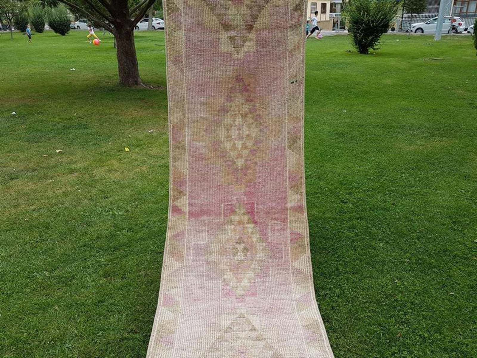 Antique 2.7 X 12.1 Ft. Rose Gold & Pink Color Kurdish Wool Handwoven Gallery Runner Area Rug Traditional Distressed Overdye Oushak Hall Rug photo Textiles