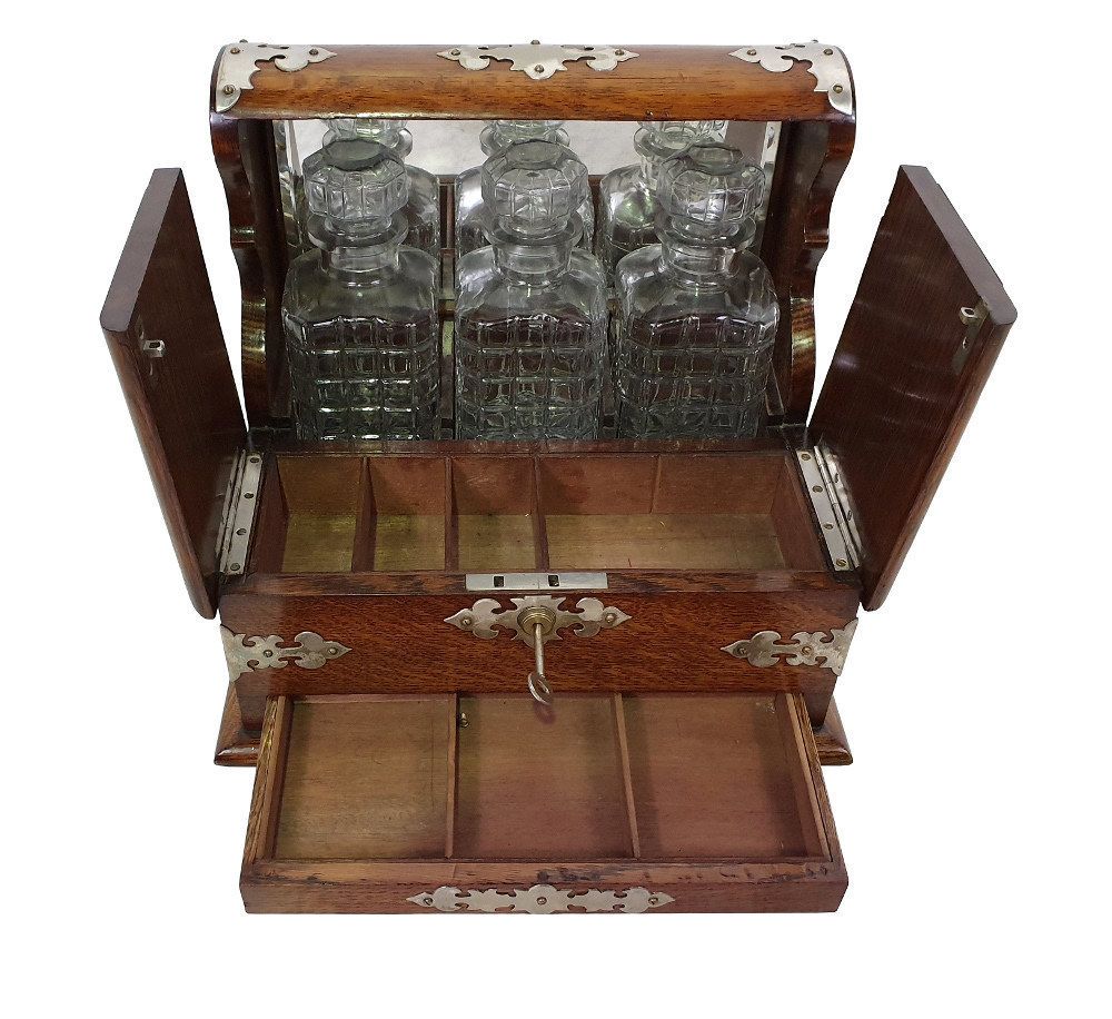 19th Century Oak Cased Tantulas Games Box With Three Decanters photo for sale