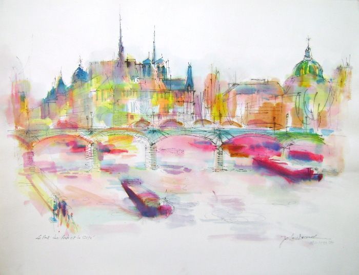 Deniel Jean Claude Original Watercolor Le Pont Des Arts And The City