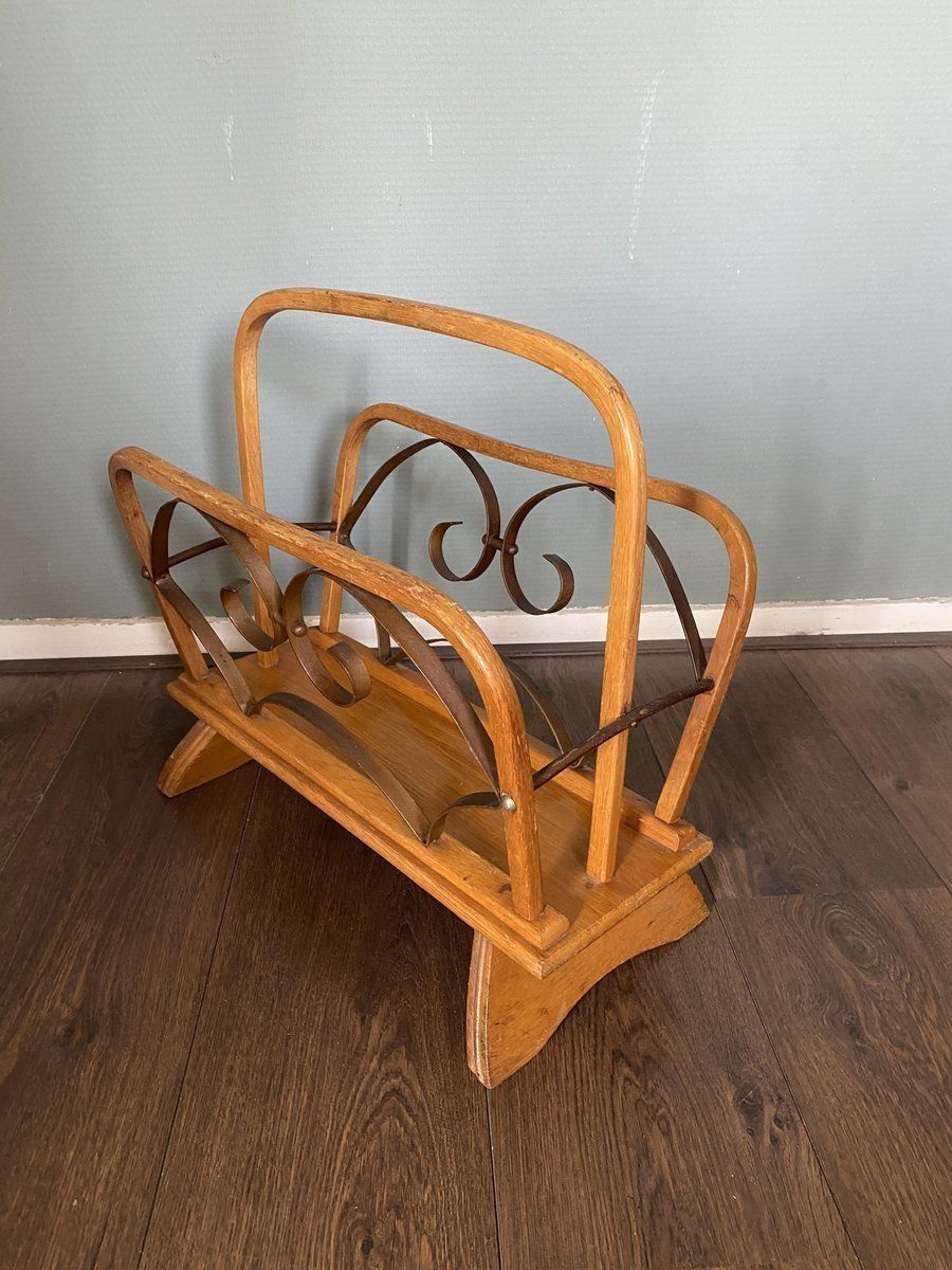 Vintage Wood And Brass Magazine Rack, 1930s photo furniture
