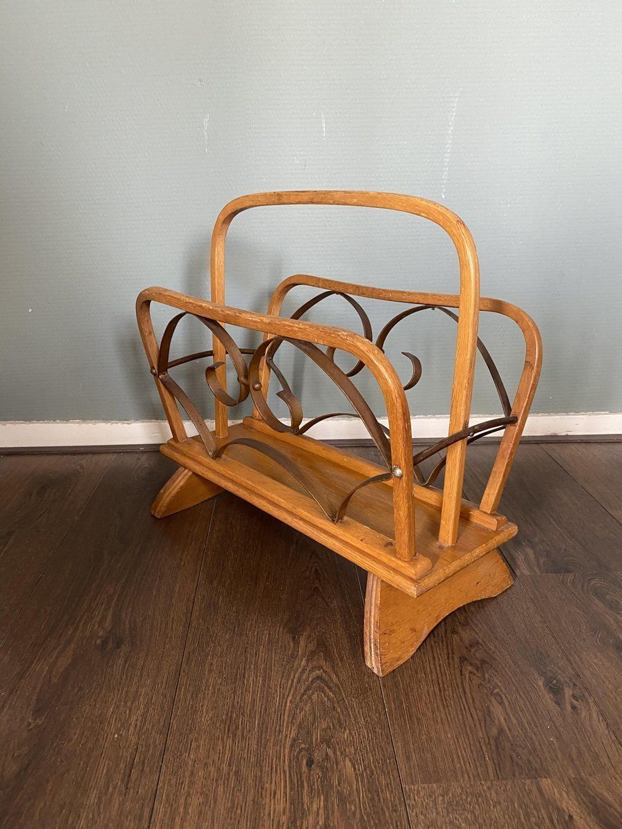 Vintage Wood And Brass Magazine Rack, 1930s photo for sale