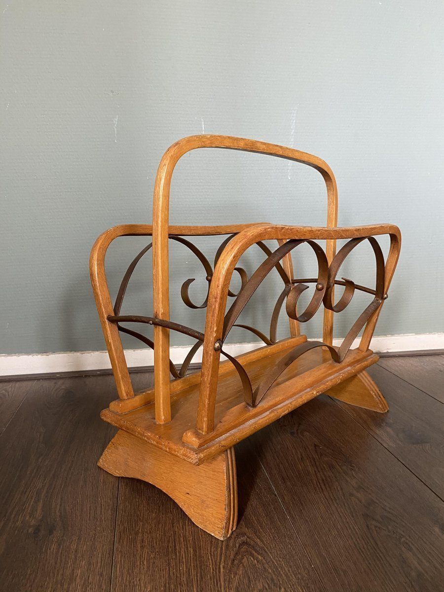 Vintage Wood And Brass Magazine Rack, 1930s photo 232.78