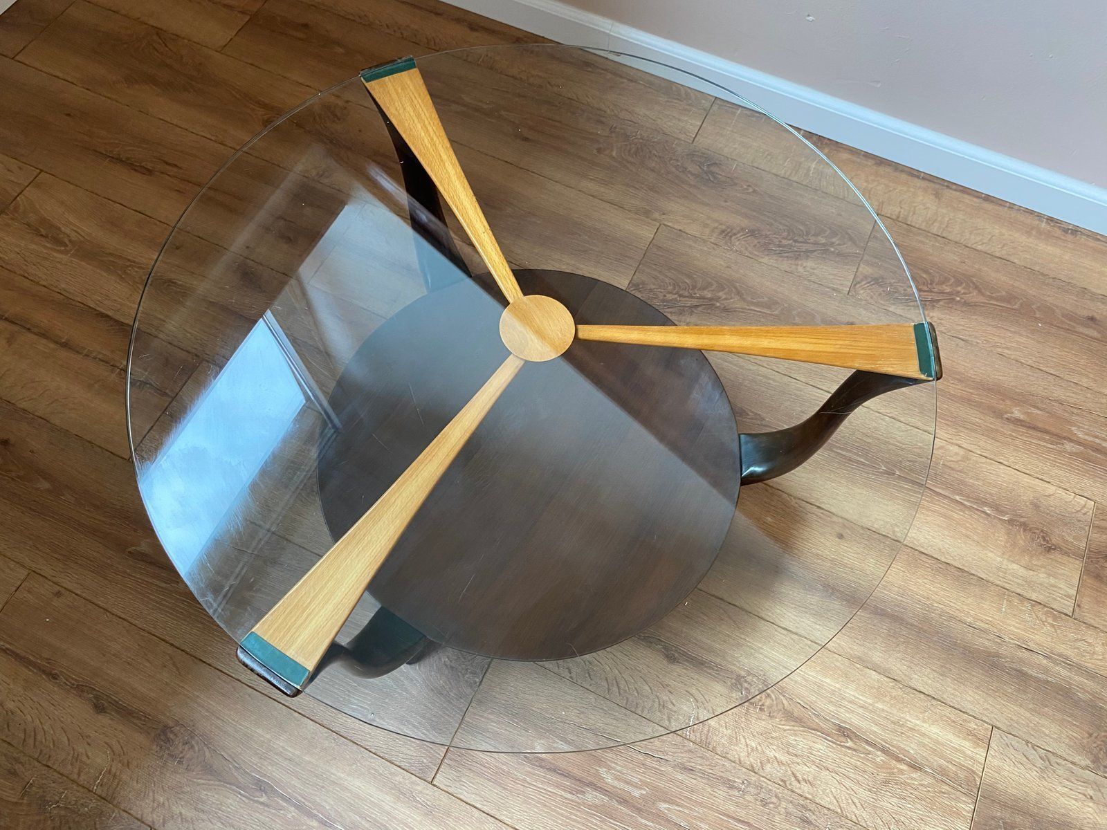 Mid Century Italian Round Ik Wood And Glass Coffee Table, 1950s photo for sale