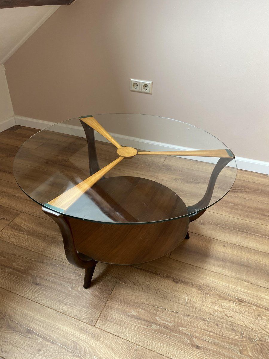 photo furniture Mid Century Italian Round Ik Wood And Glass Coffee Table, 1950s