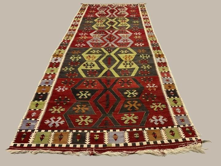 Vintage Turkish Kilim 300x152 Cm Wool Kelim Rug Large Red Black Green Runner photo for sale