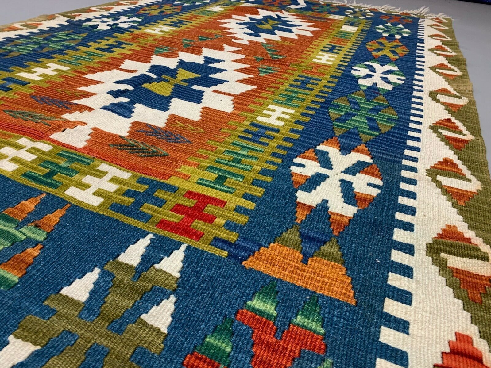 photo furniture Vintage Turkish Kilim 230x142 Cm Tribal Kelim Rug, Blue, Red, Beige, Green Large